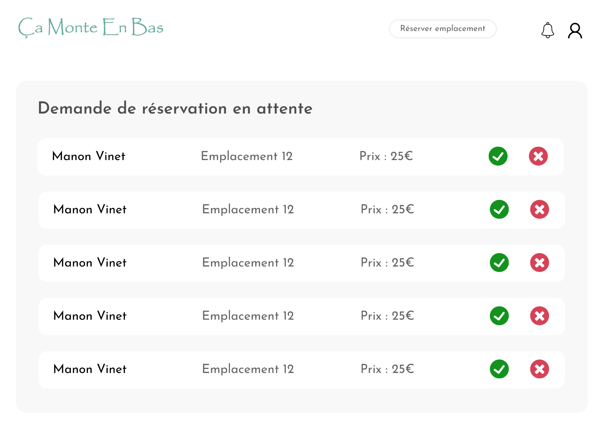 Maquette - Gestion des réservations